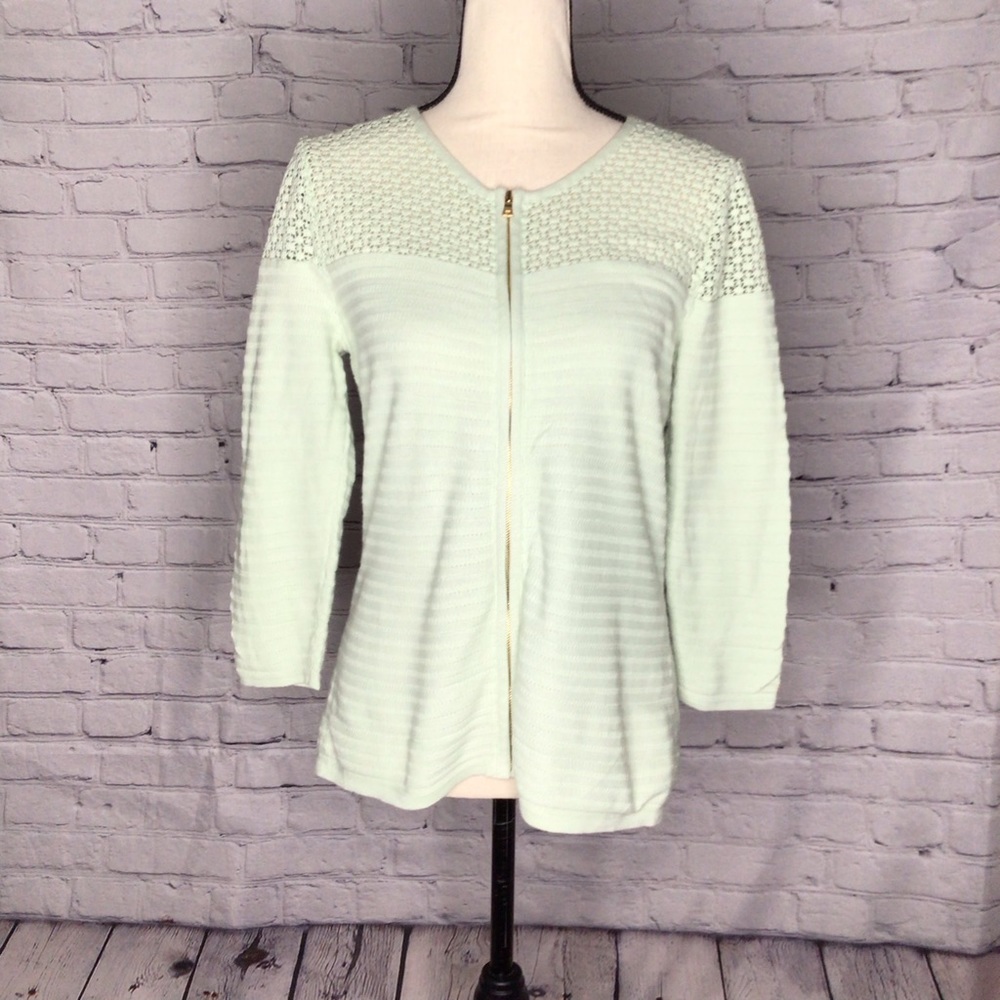 Ann Taylor Factory Mint Green Crochet Yoke 3/4 Sleeve Zip Up Cardigan Medium